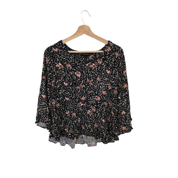 Cynthia Rowley Tops - Rowley Cynthia Floral Black Blouse Top Size Large Sleeve Linen Womens Women's 3/